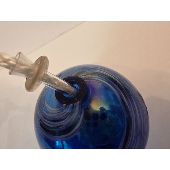 Handblown Glass Oil Lamp With Swirled Iridescent Blue & Purple Design - Picture 7 of 8